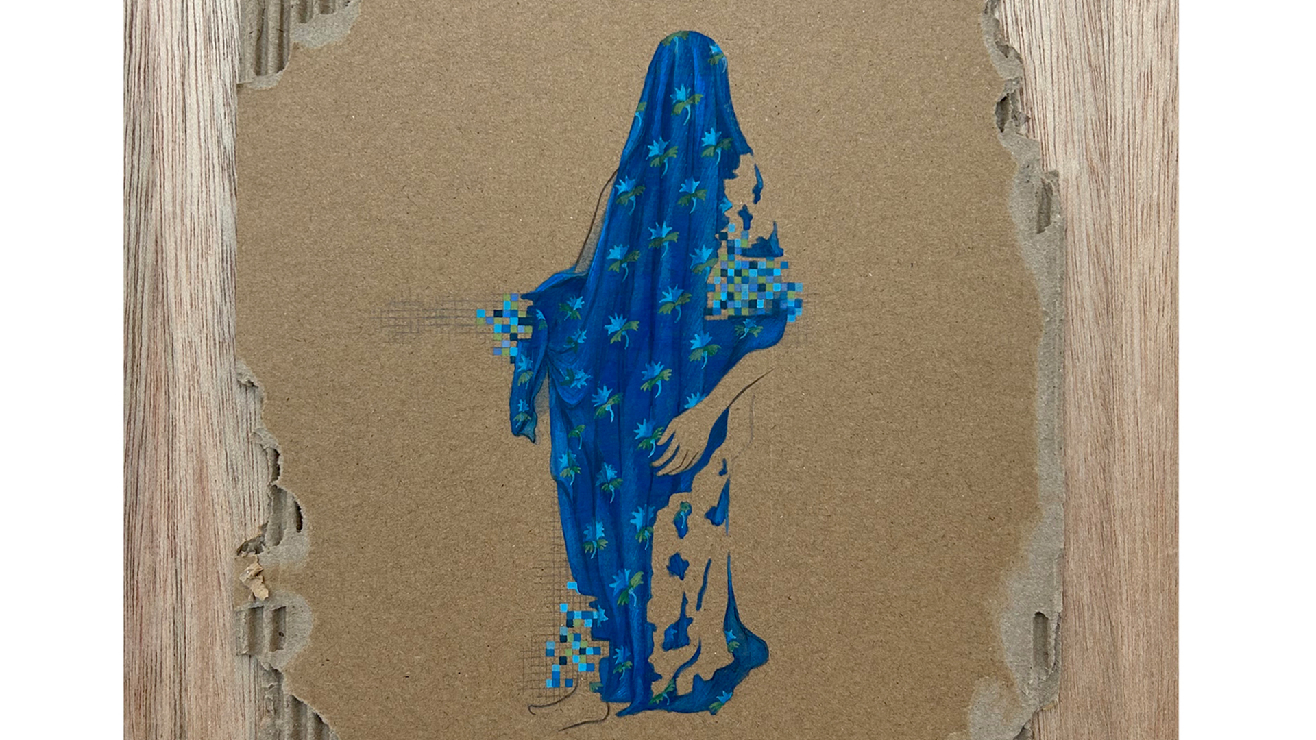 Painted sari on cardboard by artist Hajab Zainab